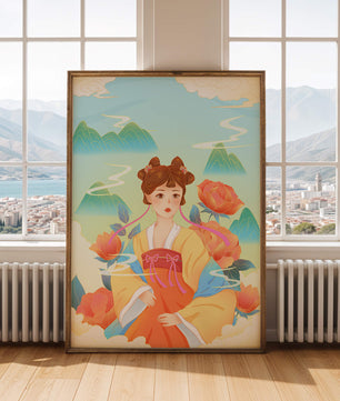 Traditional Asian Art with Woman in Hanfu Surrounded by Mountains and Peonies