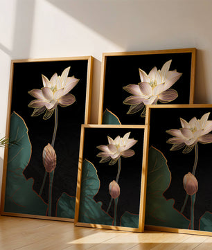 Flor de loto con detalles dorados sobre fondo oscuro