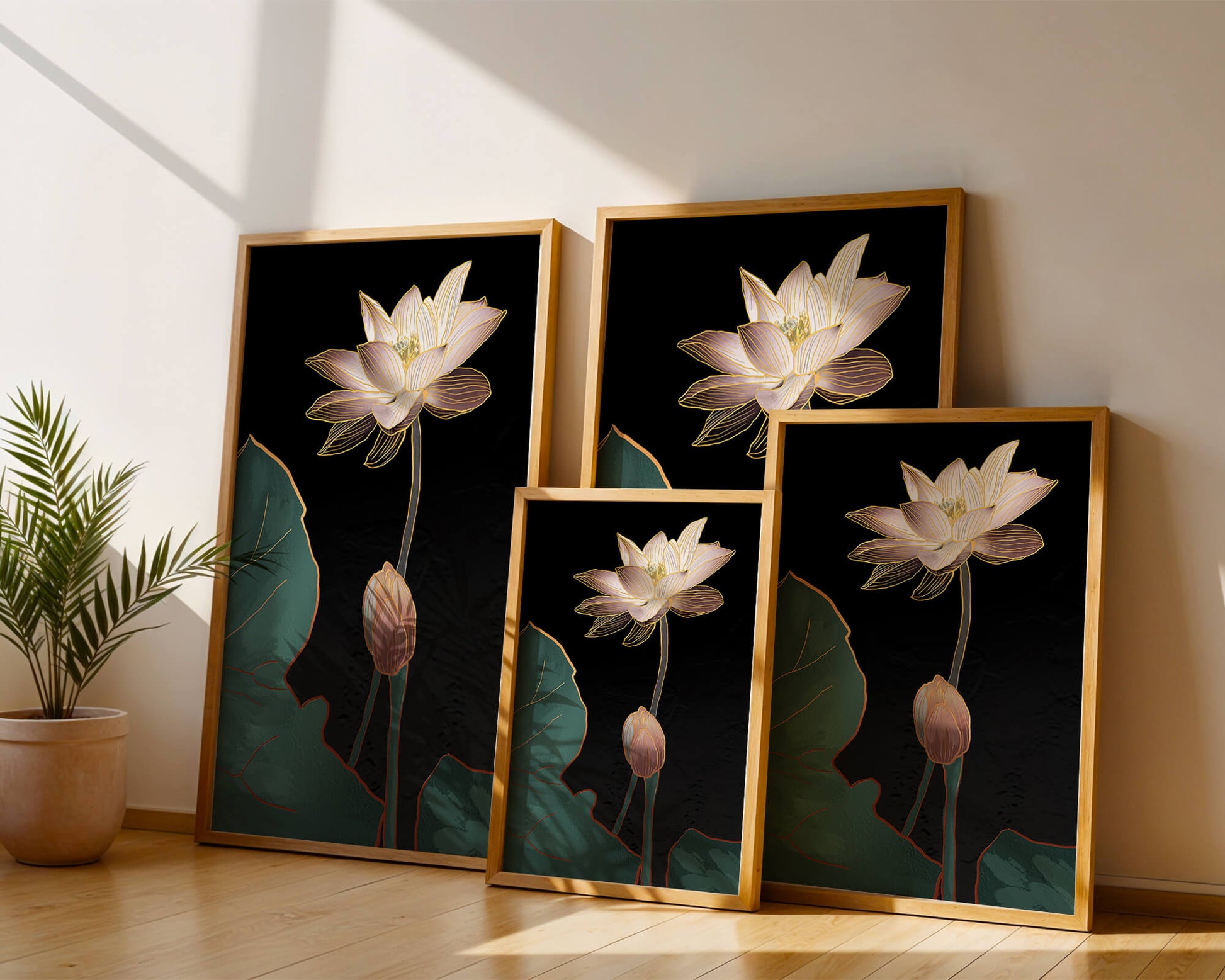 Flor de loto con acentos dorados sobre fondo oscuro.