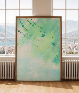 Serene Spring Scene with Birds and Leaves on a Light Blue Background