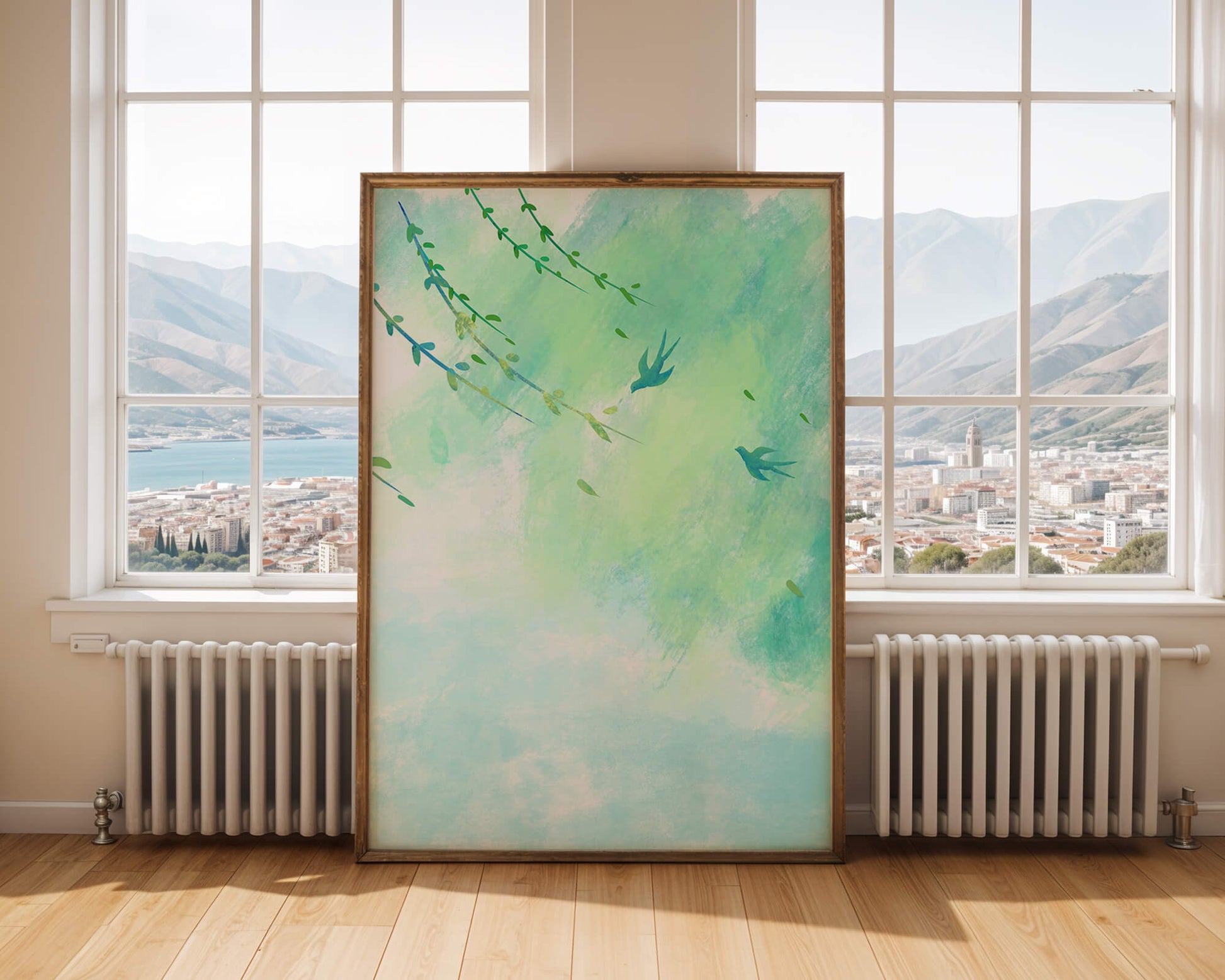 Escena primaveral serena con pájaros y hojas sobre un fondo azul claro