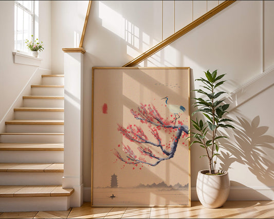 Oriental scene with crane and plum blossoms on a branch