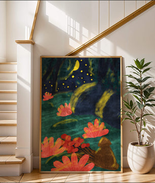 Mystical night garden with bright flowers and starlit sky