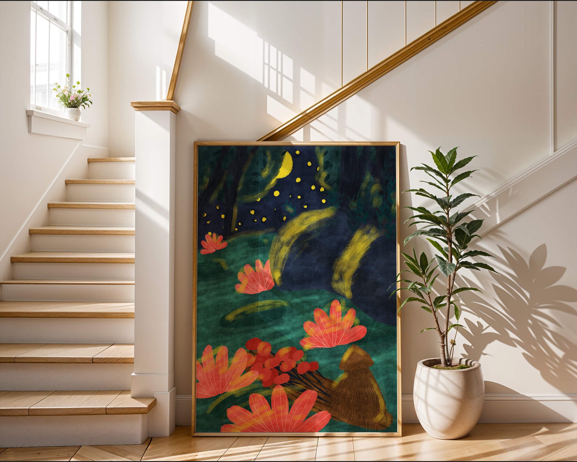 Mystical night garden with bright flowers and starlit sky