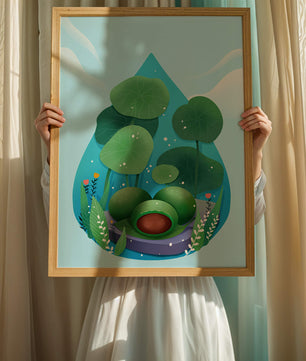 Nature-inspired abstract illustration with leaves and spheres