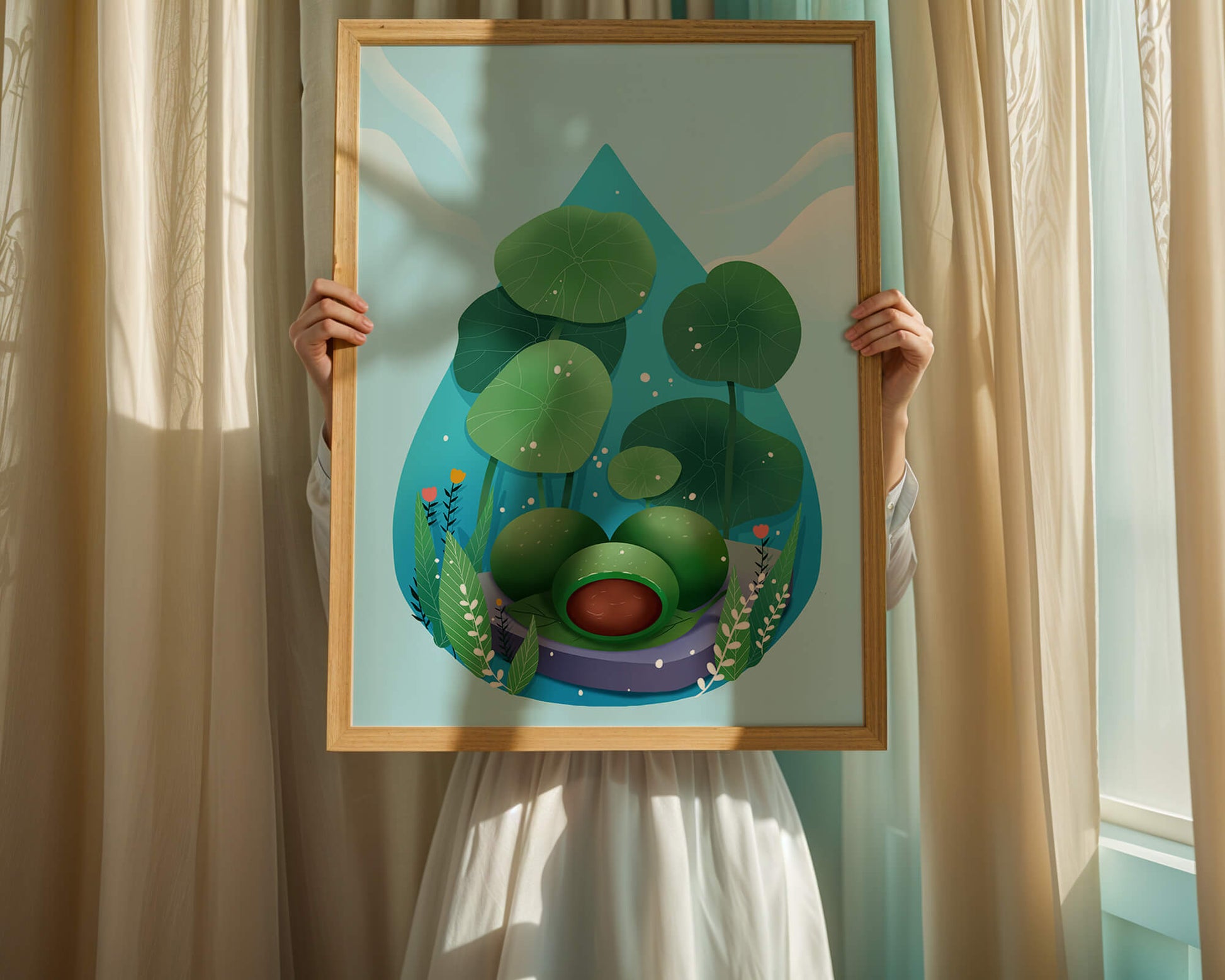 Nature-inspired abstract illustration with leaves and spheres