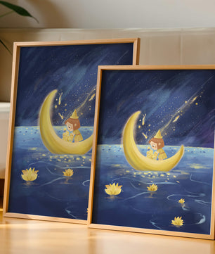 Voyage nocturne magique avec une fille dans un bateau-lune doré