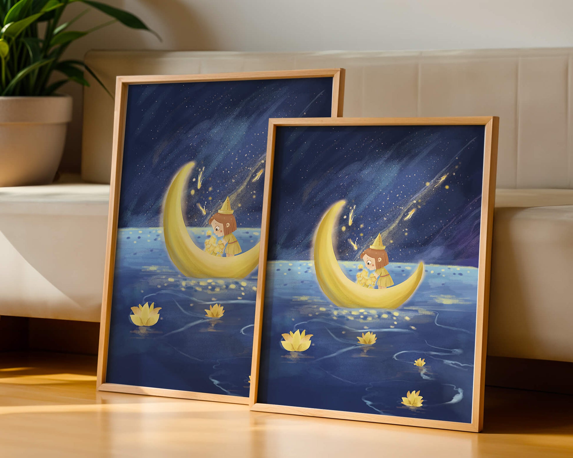 Magical Night Journey with Girl in Golden Moon Boat
