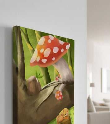 Charming forest scene with a fox resting under mushrooms