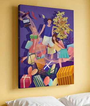 Illustration d'une expérience de shopping joyeuse en famille avec des cadeaux et des couleurs vives