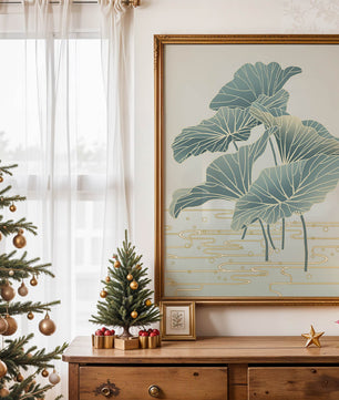 Elegant botanical illustration featuring large leaves with golden accents