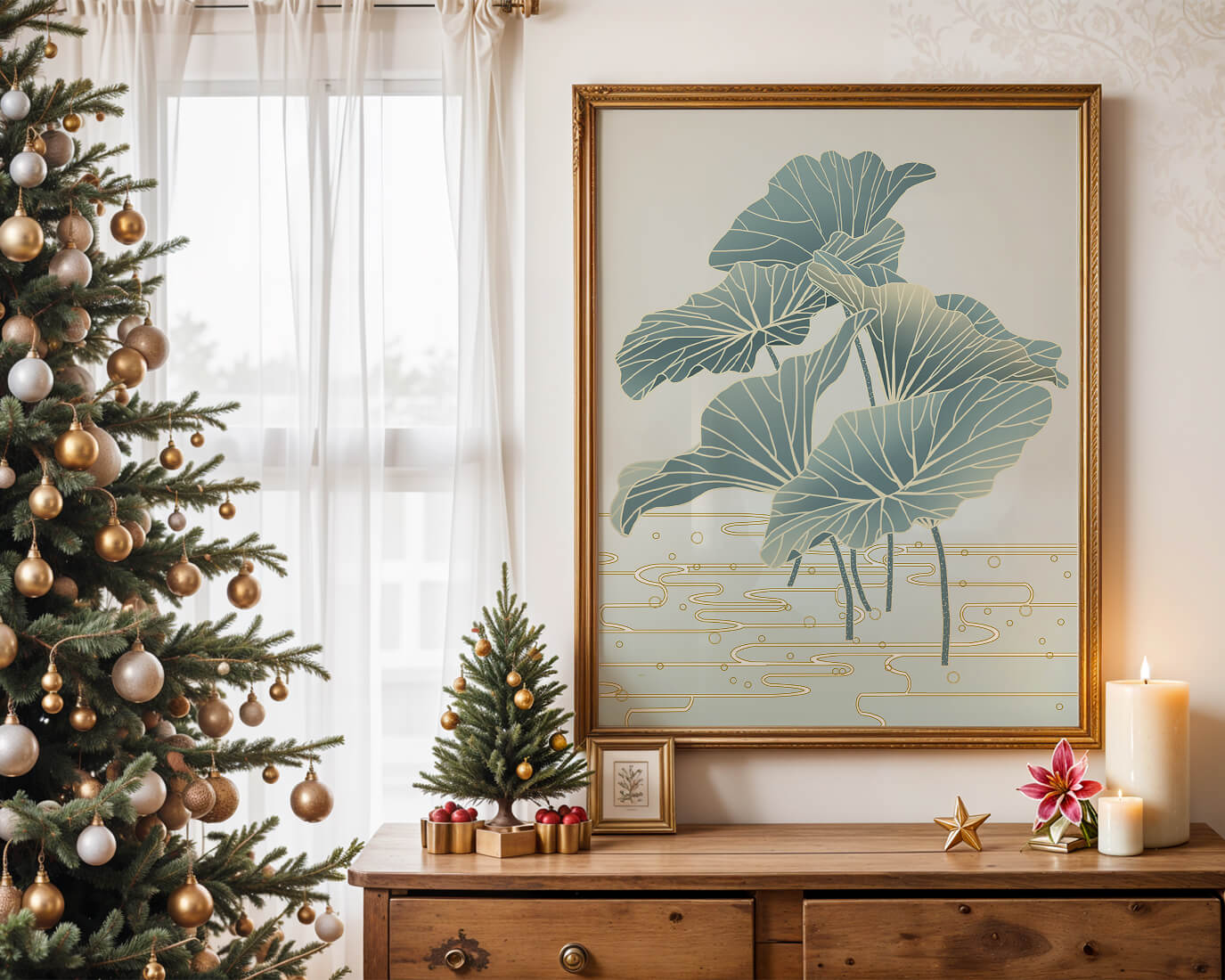 Elegant botanical illustration featuring large leaves with golden accents
