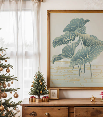 Elegant botanical illustration featuring large leaves with golden accents