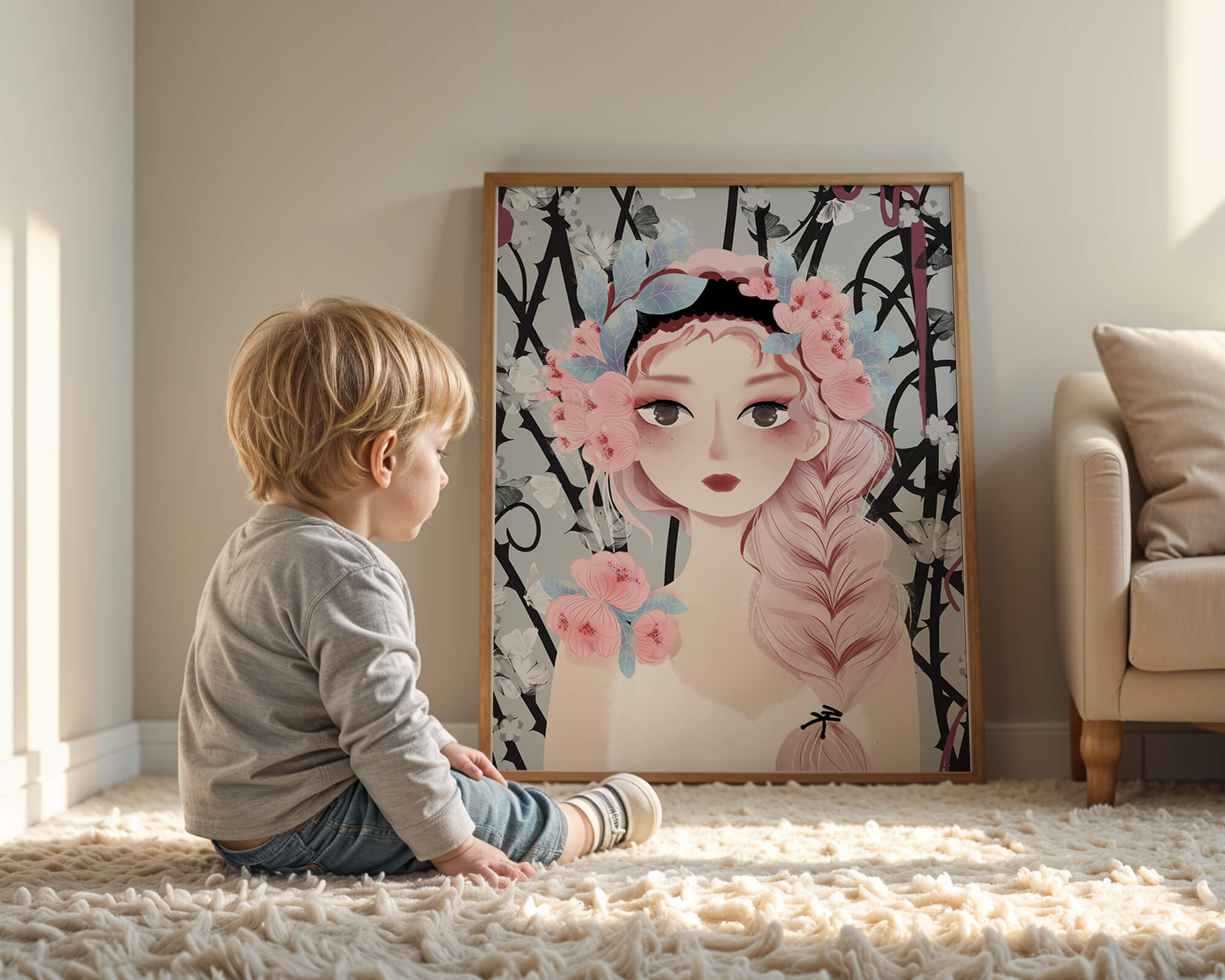 Illustration of a girl with floral headpiece against abstract floral background