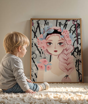 Illustration of a girl with floral headpiece against abstract floral background