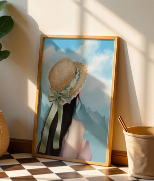Woman with straw hat and mountain view under blue sky