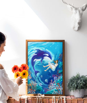 Escena submarina de fantasía con una ballena juguetona y una chica flotando entre corales y medusas