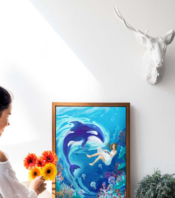 Underwater fantasy scene with a playful whale and a girl floating amidst coral and jellyfish
