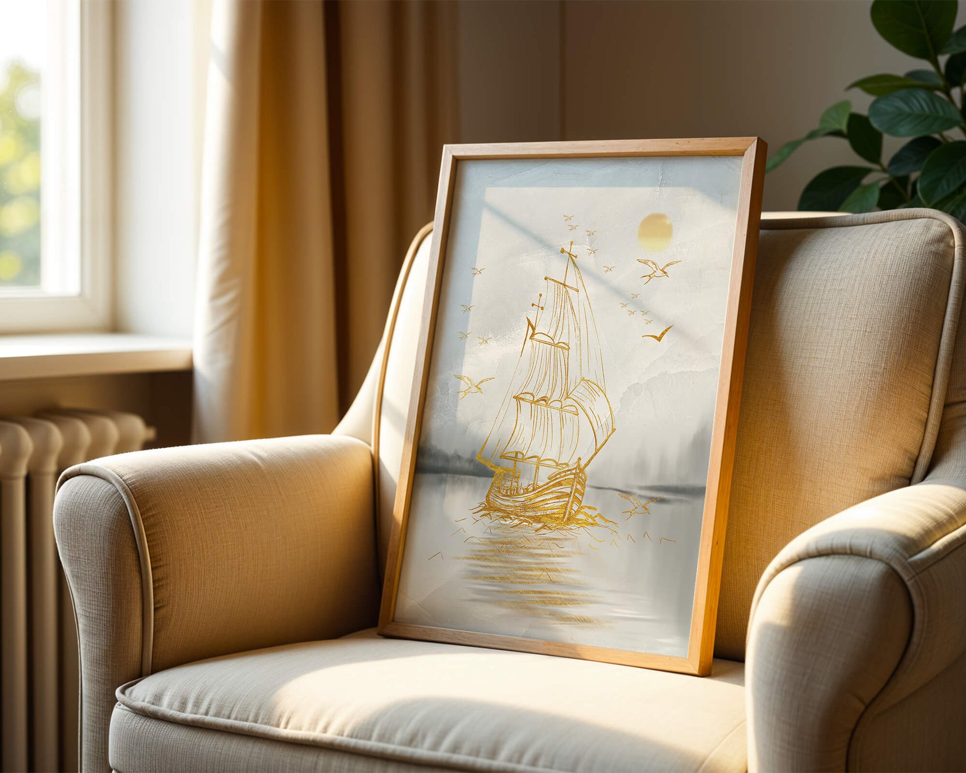 Serene nautical scene with golden sailboat at sea