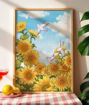 Friedliche Szene mit Sonnenblumen und Tauben unter einem strahlend blauen Himmel