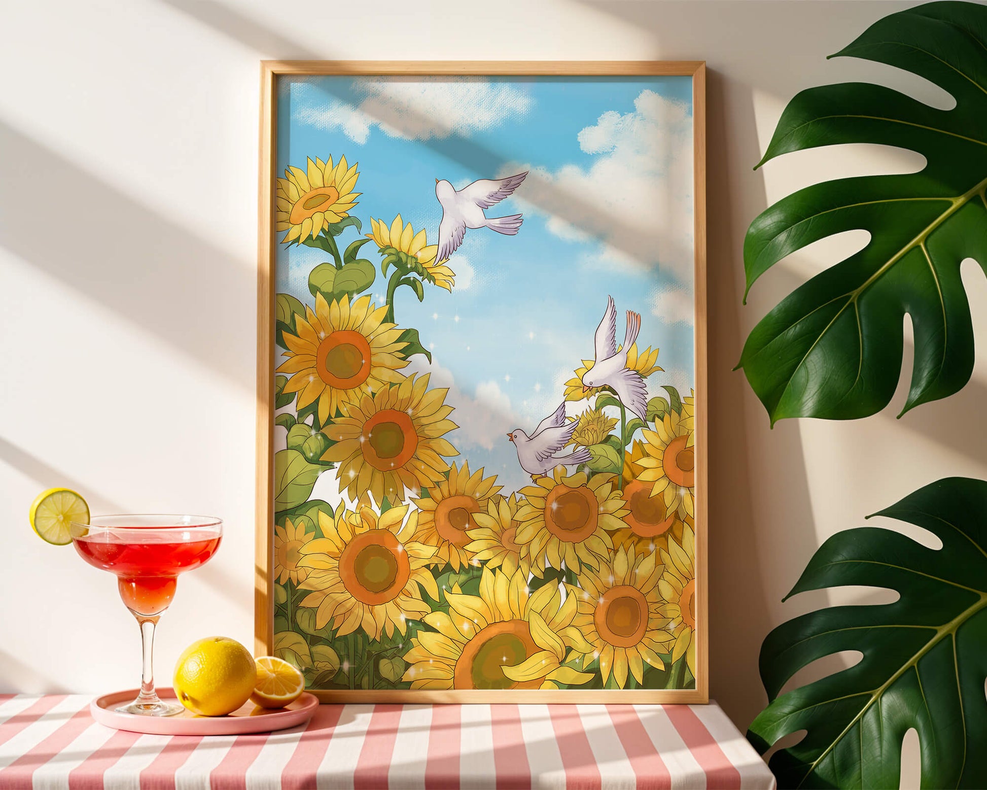 Friedliche Szene mit Sonnenblumen und Tauben unter einem strahlend blauen Himmel