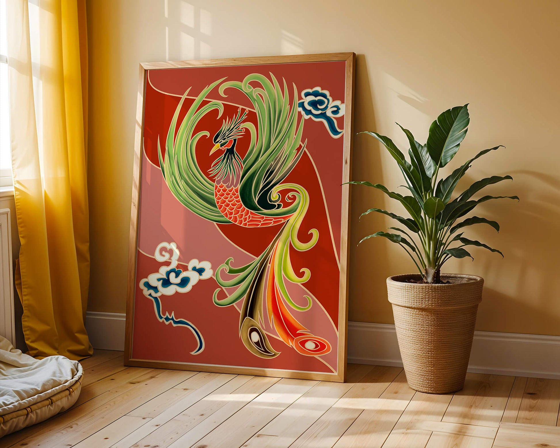 Stylized phoenix illustration with vibrant colors and clouds