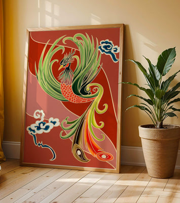 Stylized phoenix illustration with vibrant colors and clouds