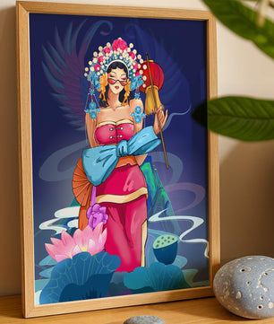 Colorful illustration of a woman in traditional attire with floral headdress