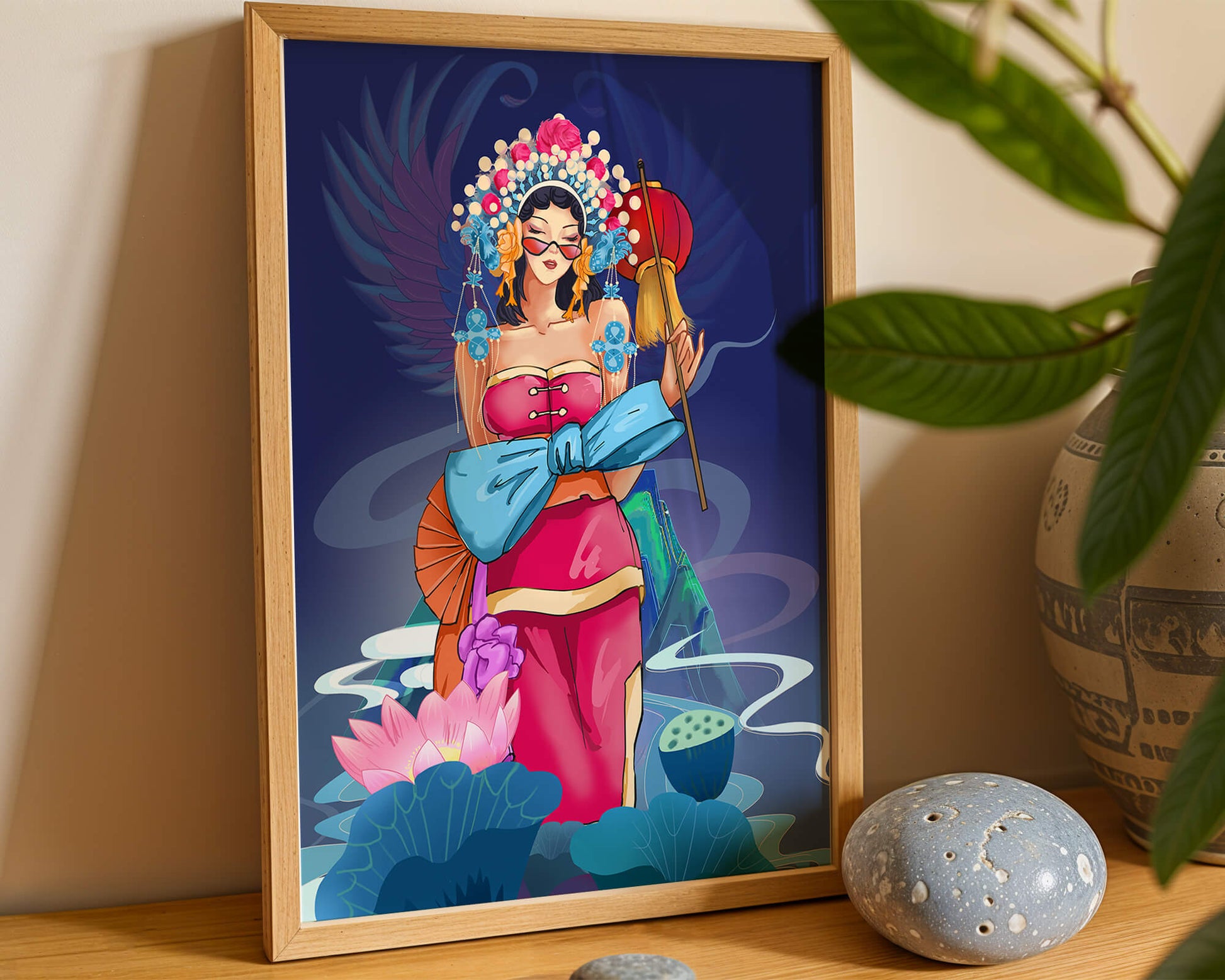 Colorful illustration of a woman in traditional attire with floral headdress