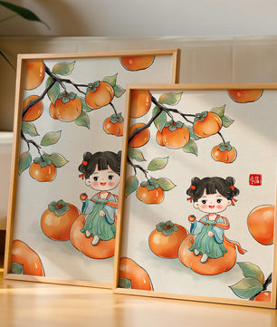 Illustration of a girl sitting on a persimmon surrounded by fruit and leaves