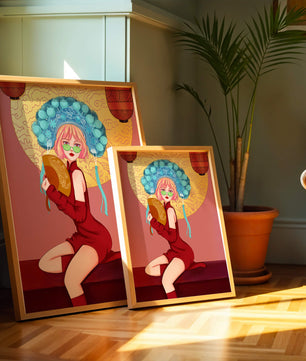 Elegante Illustration einer Frau in traditioneller Kleidung mit einem Fächer