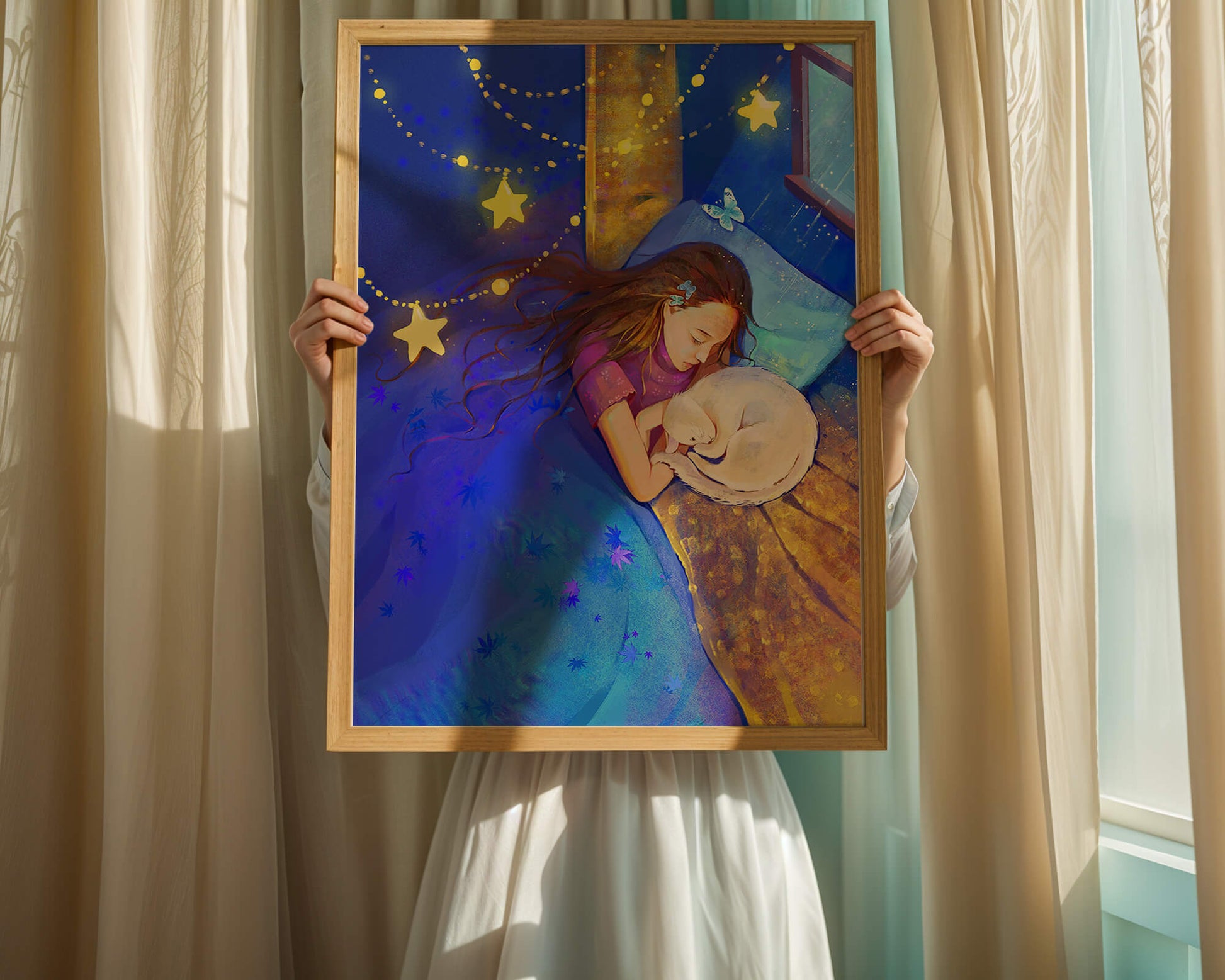 Girl sleeping with cat under starry night sky