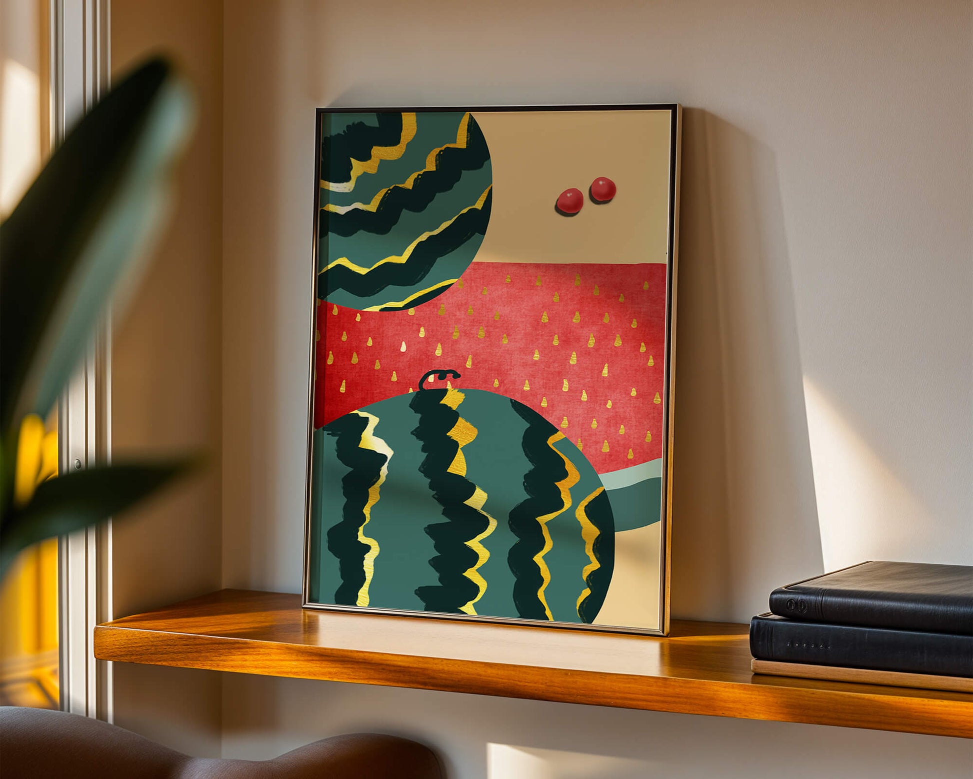 Arte abstracto vibrante de sandía con reflejos dorados