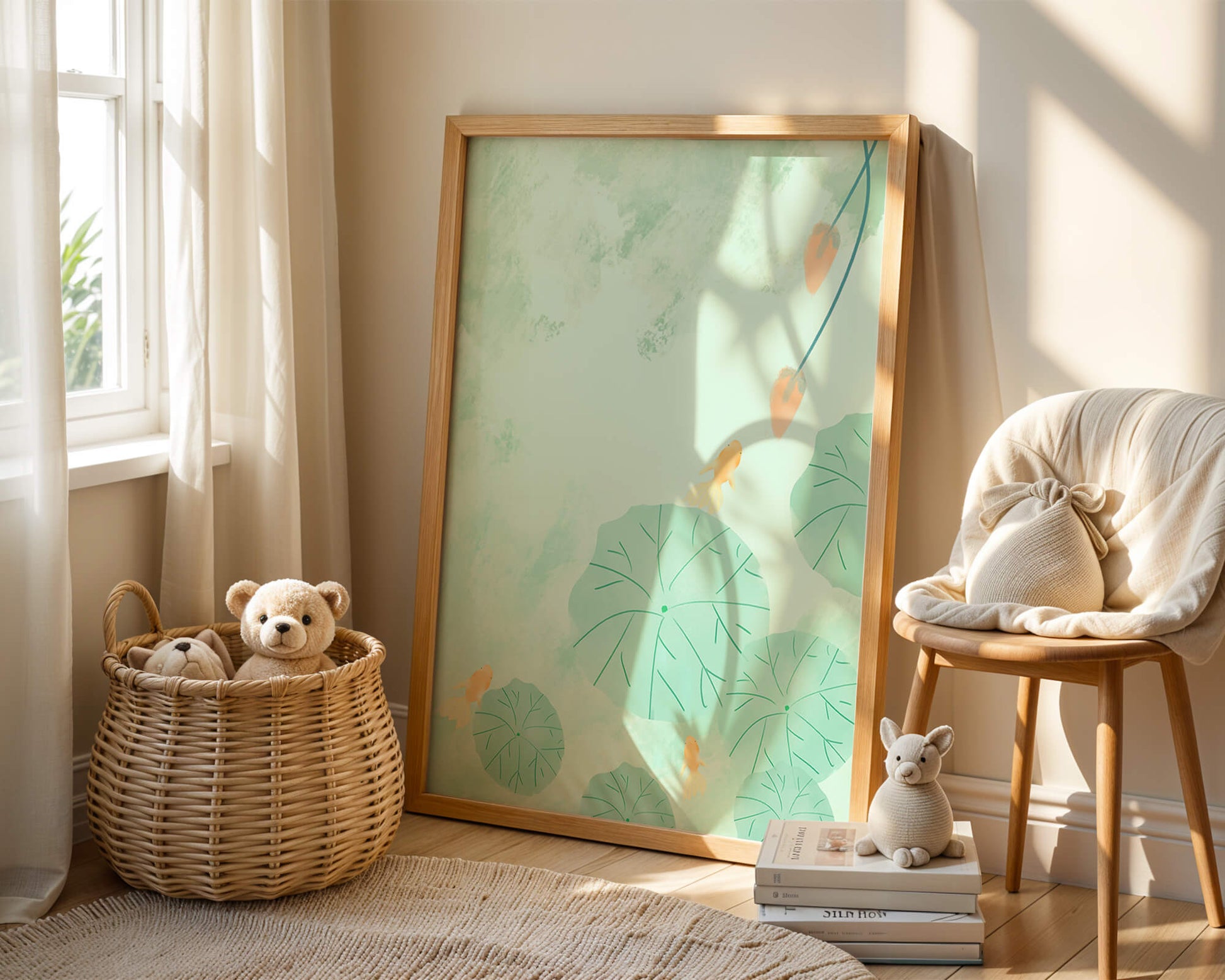Serene Pond Scene with Goldfish and Lotus Leaves