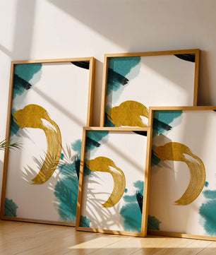 Abstract Gold and Teal Brush Strokes on White Background