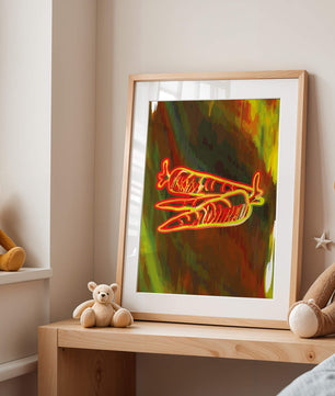 Abstract art featuring neon carrots on a colorful background