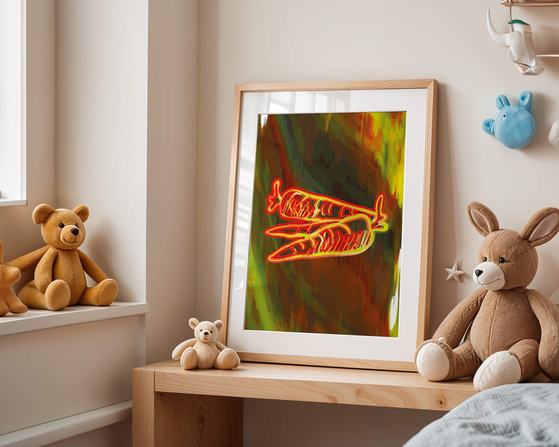 Abstract art featuring neon carrots on a colorful background