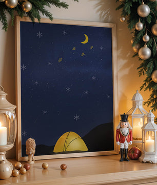 Camping Under Night Sky with Stars and Crescent Moon