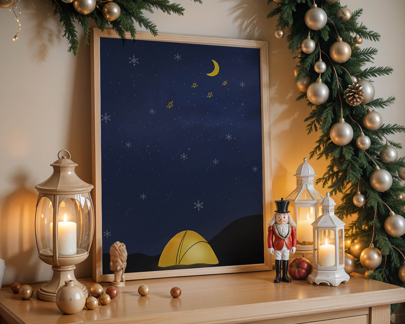 Camping Under Night Sky with Stars and Crescent Moon