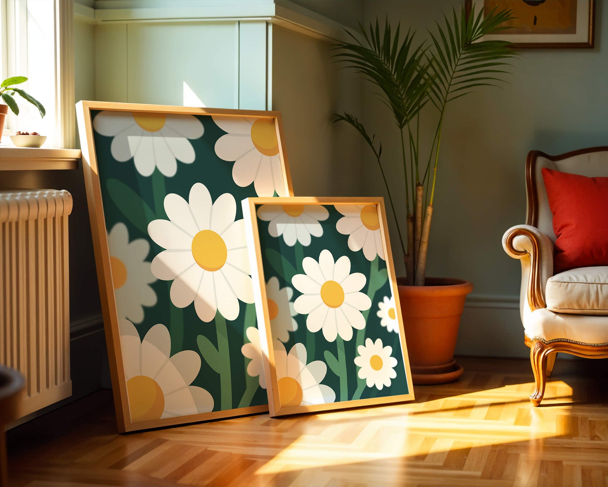 Margaritas sobre fondo verde oscuro con diseño abstracto