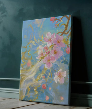 Beautiful Cherry Blossom Branch with Golden Highlights on a Soft Blue Background - Mi tienda
