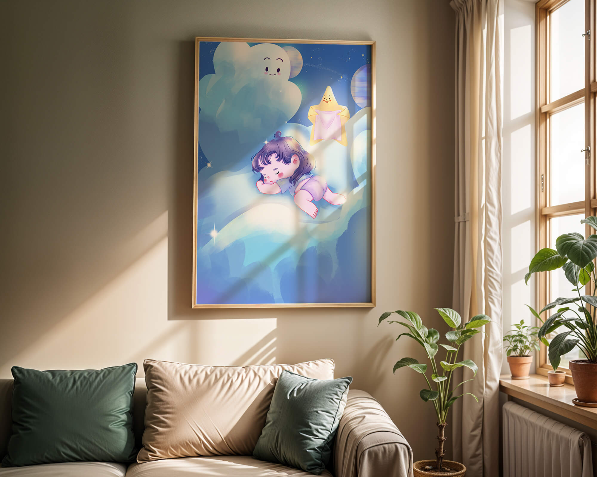 Dreamy illustration of sleeping child on clouds with smiling cloud and star