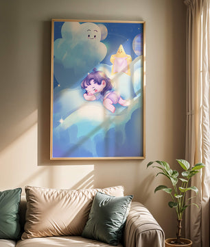 Dreamy illustration of sleeping child on clouds with smiling cloud and star