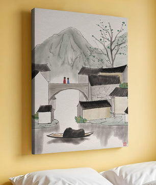 Serene mountain village ink painting with bridge and boat