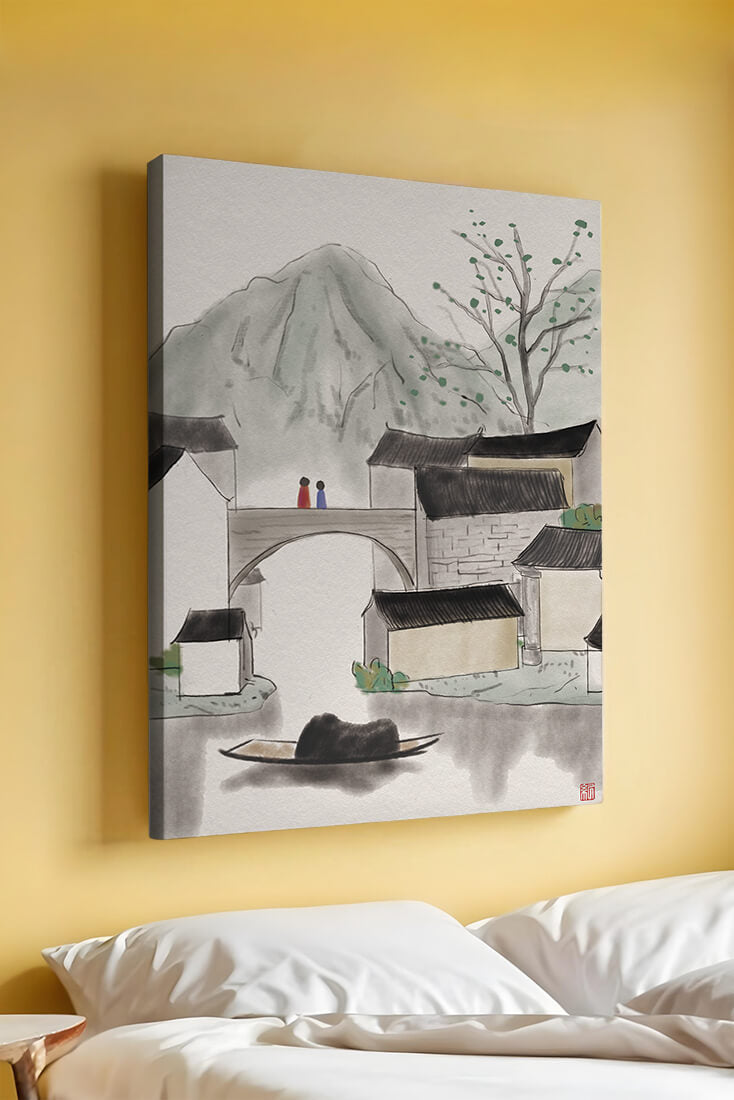 Pintura de tinta de un tranquilo pueblo montañoso con puente y barco