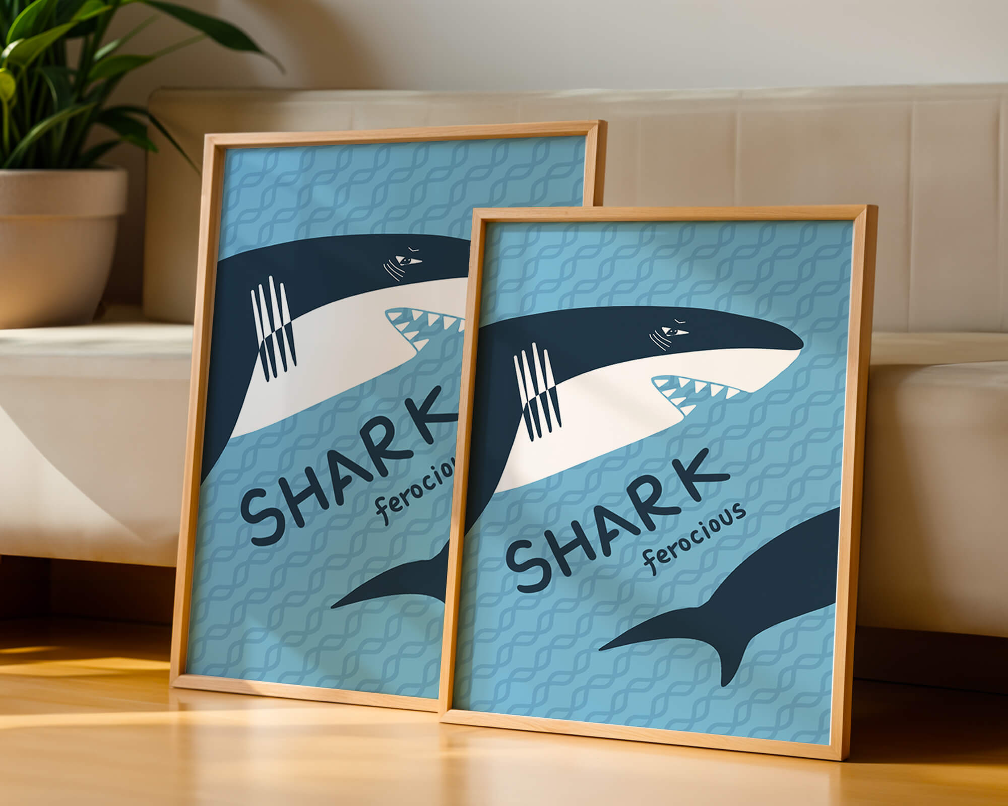 Illustrated shark graphic with blue background and typography