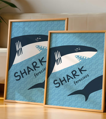 Illustrated shark graphic with blue background and typography