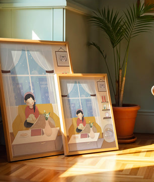 Cozy living room with a girl and a dog on a yellow sofa