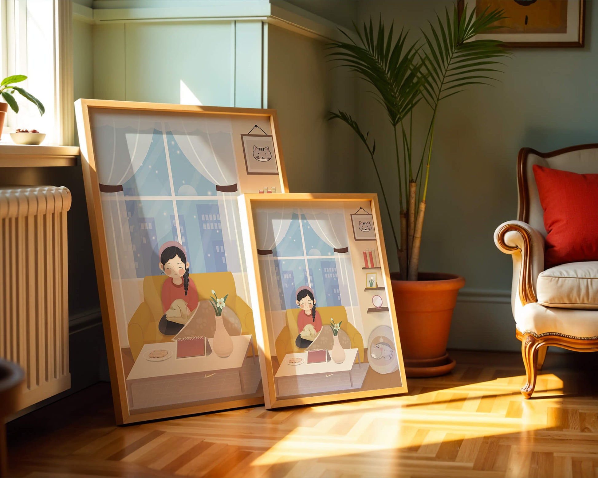 Cozy living room with a girl and a dog on a yellow sofa