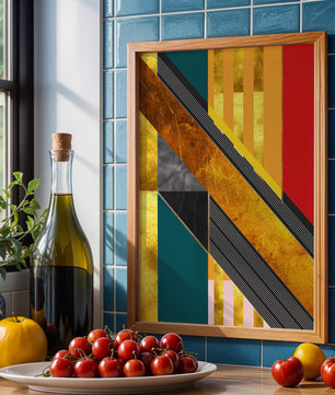 Abstract geometric design with gold accents and vibrant colors